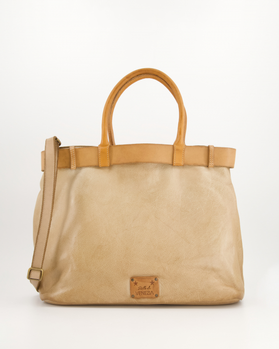 Beżowa shopperka z klamrą - PREMIUM A002LEBETOR151
